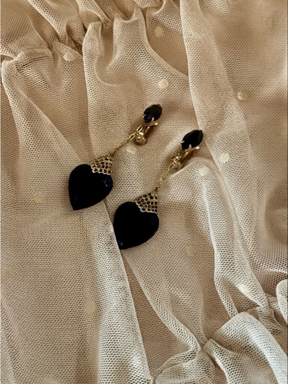 Vintage Lewis Segal Black Heart Drop Clip-On Earrings